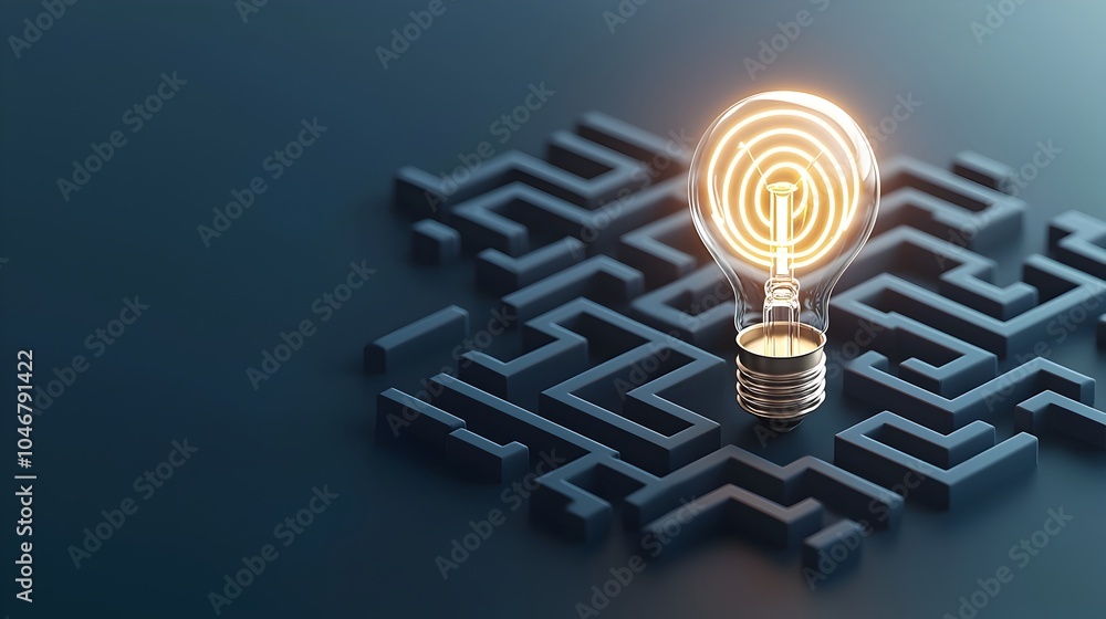 Poster A glowing light bulb at the heart of a dark blue labyrinth represents the concept of generative as a tool for innovation creative thinking and problem solving