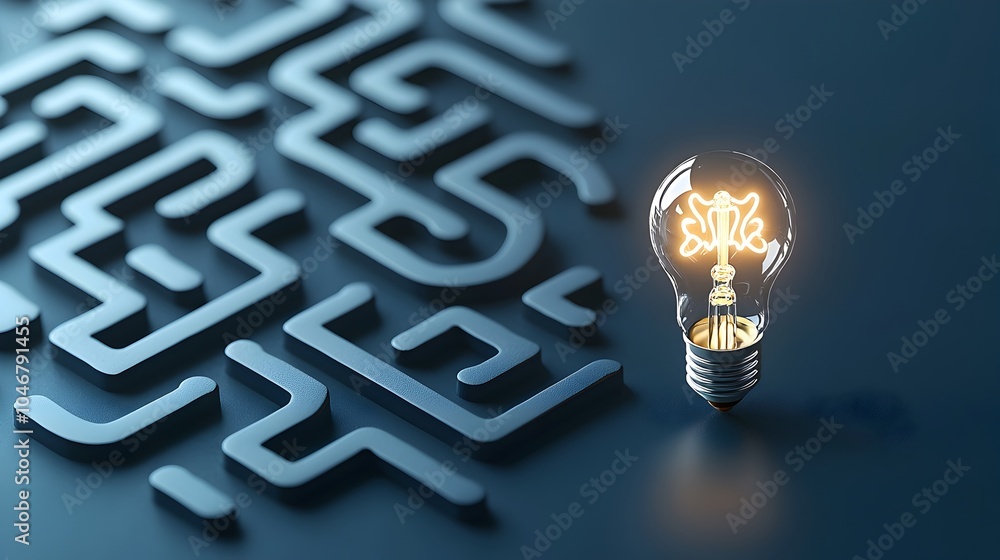 Poster generative concept with glowing light bulb at the heart of a labyrinth on a dark blue background rep