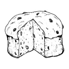 Hand drawn ink vector illustration of traditional Italian Christmas pastry Panettone. Sketchy style clip art of festive raisin pie suitable for New Year print, bakery packaging, pastry shop, cafe menu