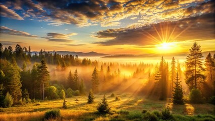 Obraz premium A beautiful golden sunrise over a serene and peaceful forest landscape, greenery, trees, golden background, sunrise
