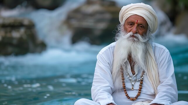 An old man with a long white beard and a white turban is sitting on a rock in a river. He is wearing a white robe and has a red dot on his forehead.