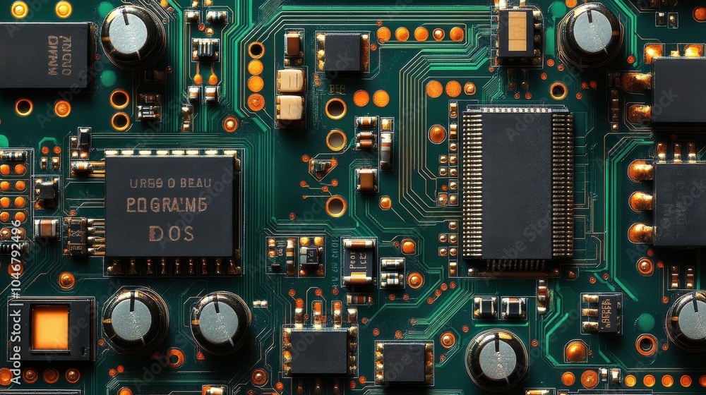 Poster electronic circuit board with detailed components and traces.