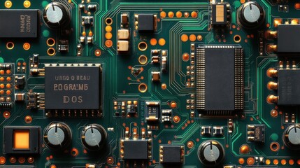 Electronic circuit board with detailed components and traces.