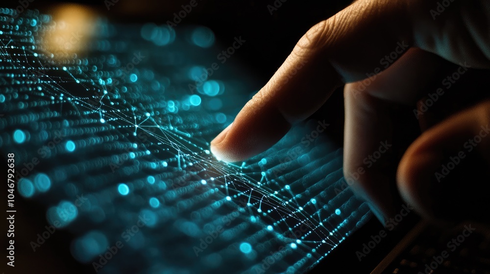 Poster a person finger gently touches a laptop screen displaying a web of interconnected dots, representing