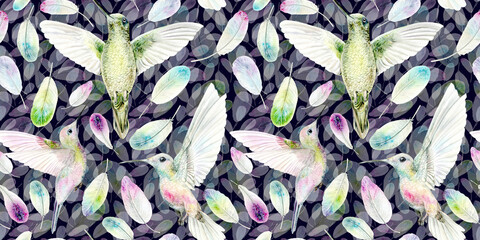 Seamless pattern of a hummingbird and brightly colored feathers. Watercolor illustration is hand drawn on a white background. Suitable for designs, cards and textiles.
