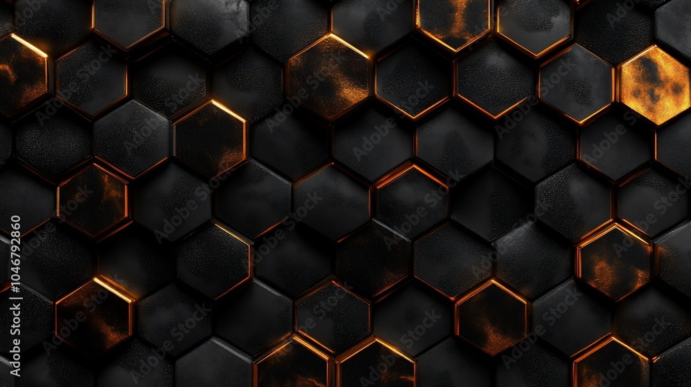 Poster abstract hexagonal pattern with a black and orange color scheme.