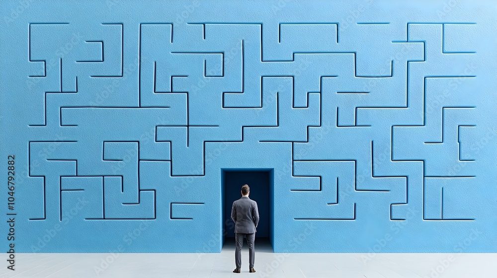 Poster businessperson facing the maze of corporate complexities finding a path through the labyrinth of bus