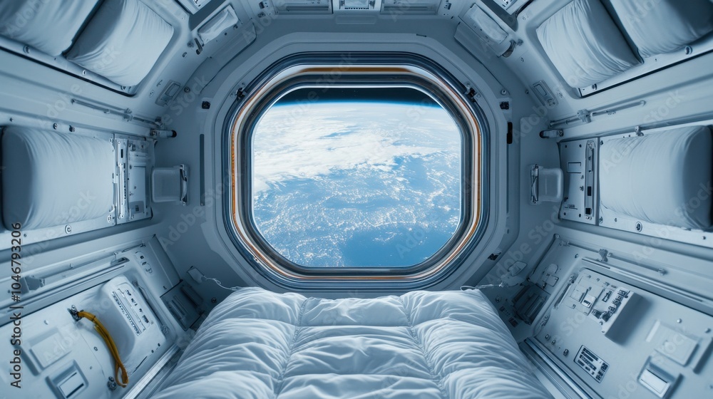 Poster astronaut floating inside space station window view