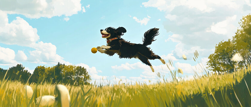 Stabyhoun Retrieving Ball in Wide-Open Field: Active Dog in Action