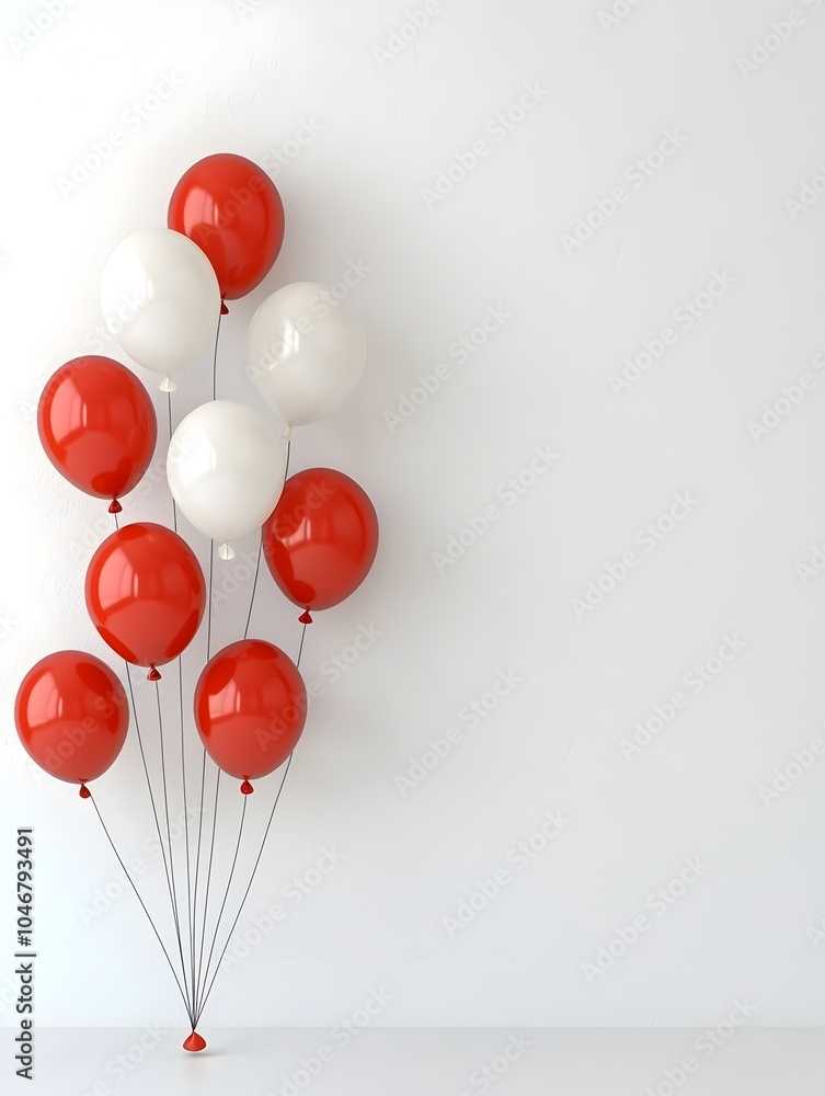 Poster vibrant 3d render of bright red and white balloons arranged in a playful and modern design on a clea