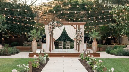 wedding white stage decoration fairy lights in garden, green nature wedding decor event planning in garden nature ground
