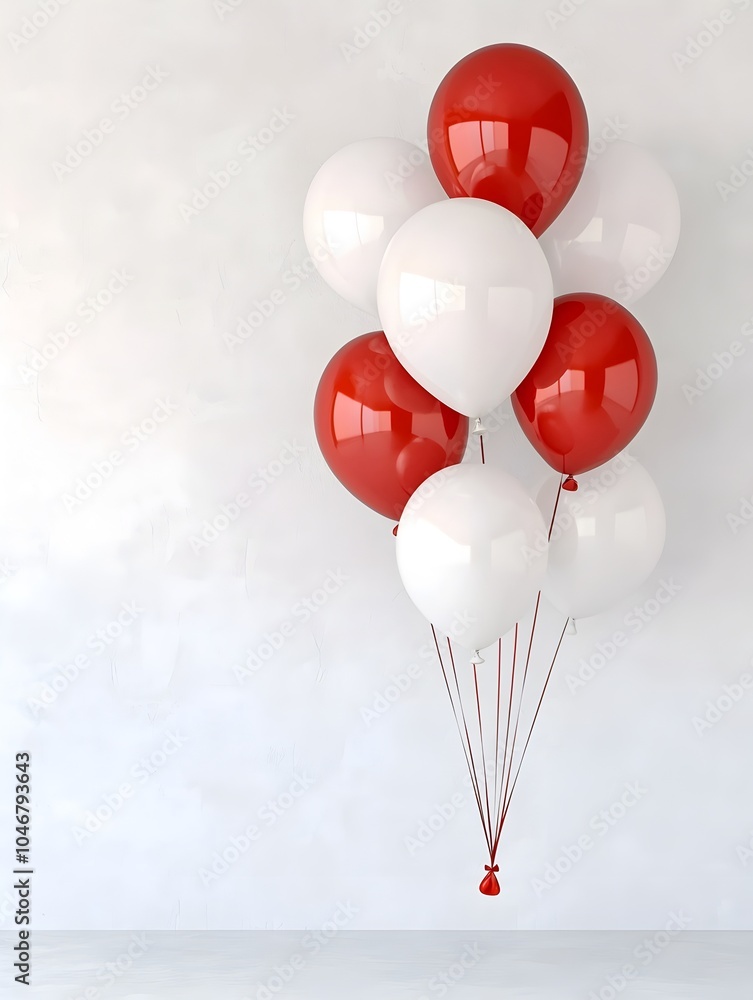 Poster cluster of shiny red and white balloons floating in 3d on plain white background creating a modern a