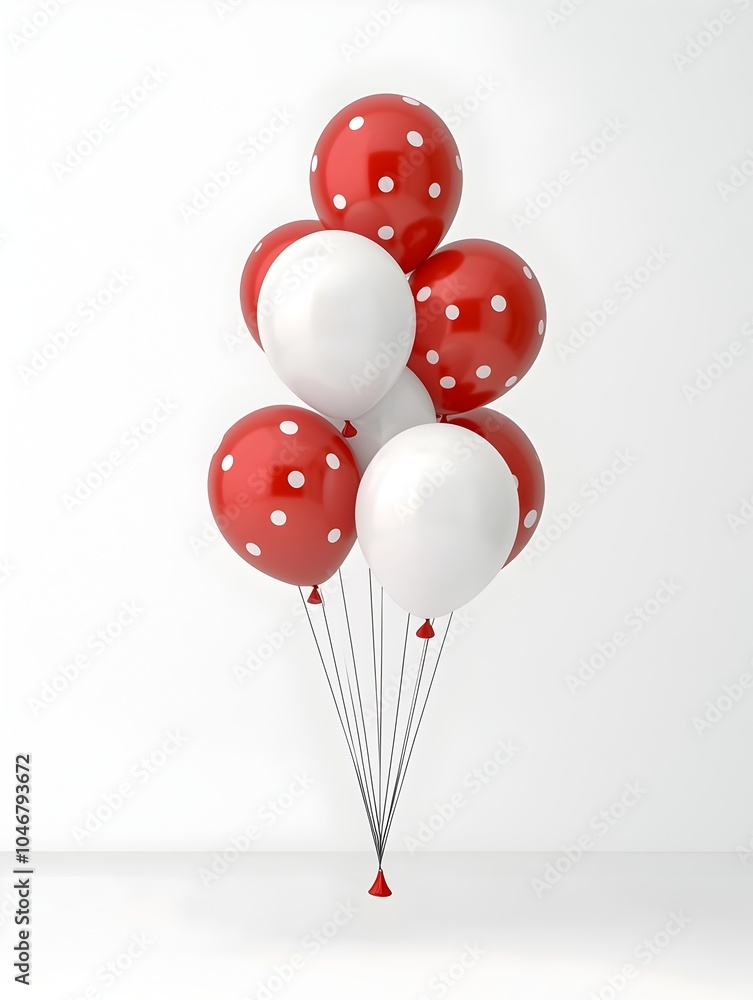 Poster cluster of shiny red and white balloons floating in a modern minimalistic 3d composition against a p