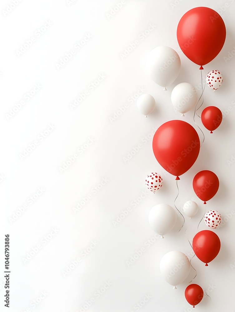 Poster serene and vibrant red and white 3d balloons gently floating on a smooth minimalist white backdrop e