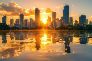 Fototapeta premium Stunning City Skyline at Sunset with Reflections