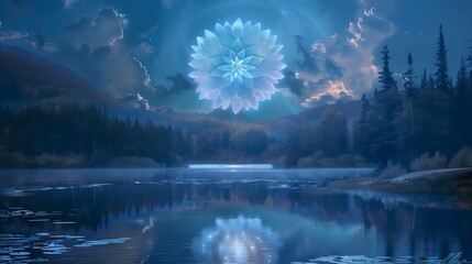 The image is a beautiful landscape of a lake and mountains at night. The water is calm and still, and the sky is full of stars.