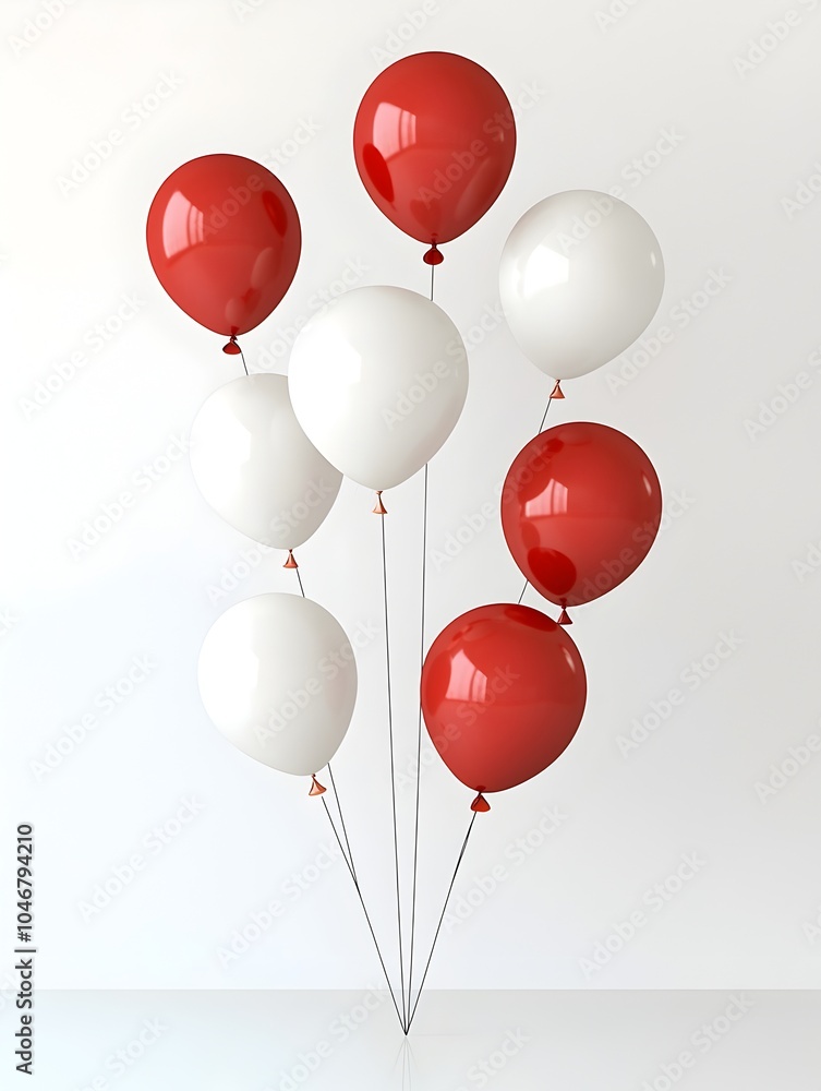Poster captivating 3d floating red and white balloons spread across a clean minimalist white background cre