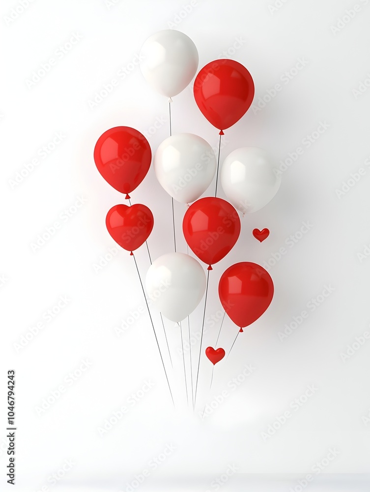 Poster minimalist 3d rendered visualisation of red and white floating balloons hovering over a bright white