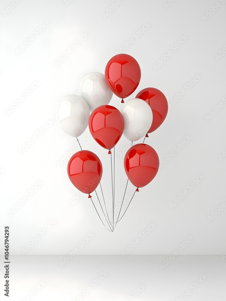 Poster minimalist 3d rendering of red and white balloons hovering on a bright white background representing