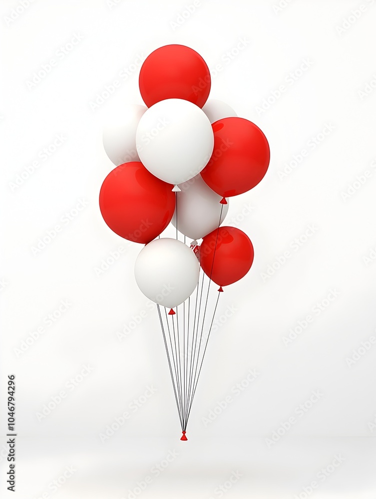 Poster minimalist 3d rendering of red and white balloons elegantly hovering on a bright white background cr