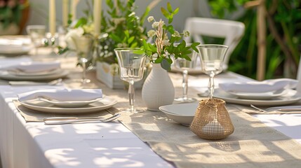 An elegant table setting with a white tablecloth and gold accents. The table is set with white plates, gold forks and spoons, and clear wine glasses.