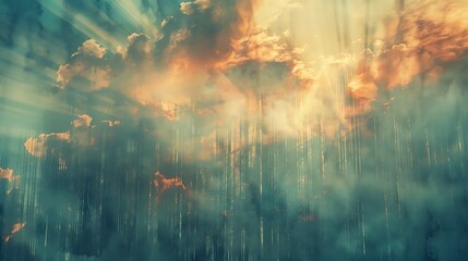 A beautiful landscape image of a forest with a stormy sky. The dark clouds are lit up by the bright sunlight, creating a dramatic scene.