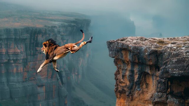 Lion Jumping Off a Cliff, Thrilling Wildlife Moment 4K, High Quality Video
