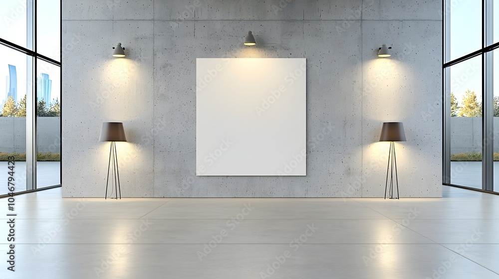 Aufkleber Sophisticated and elegant interior setting with a blank canvas mockup displayed on a clean white wall spotlighted by modern lamps and surrounded by refined textures and details creating a minimalist