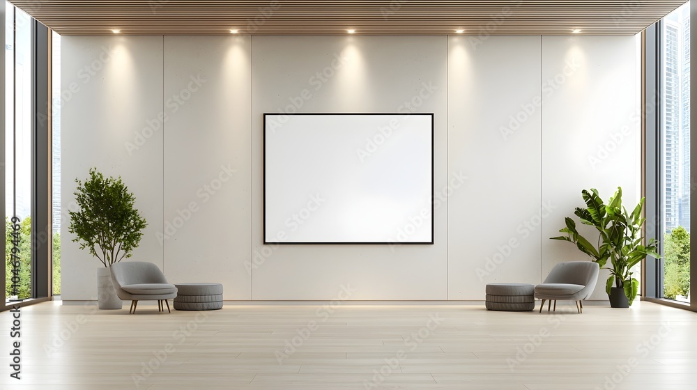 Poster sleek and sophisticated minimalist interior with blank canvas artwork illuminated by soft spotlights