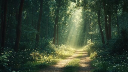 Forest path with dappled sunlight