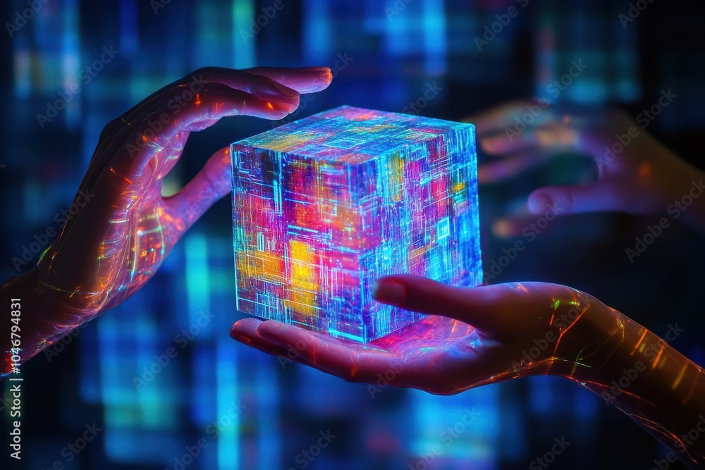 Poster two hands hold a glowing, translucent cube with circuit board patterns inside against a blurry backg