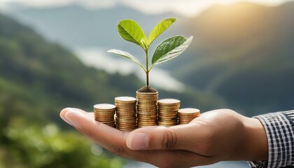 A hand holding a plant growing from coins, symbolizing economic growth and investment.