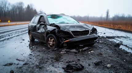 Car Crash on Rainy Highway Scene