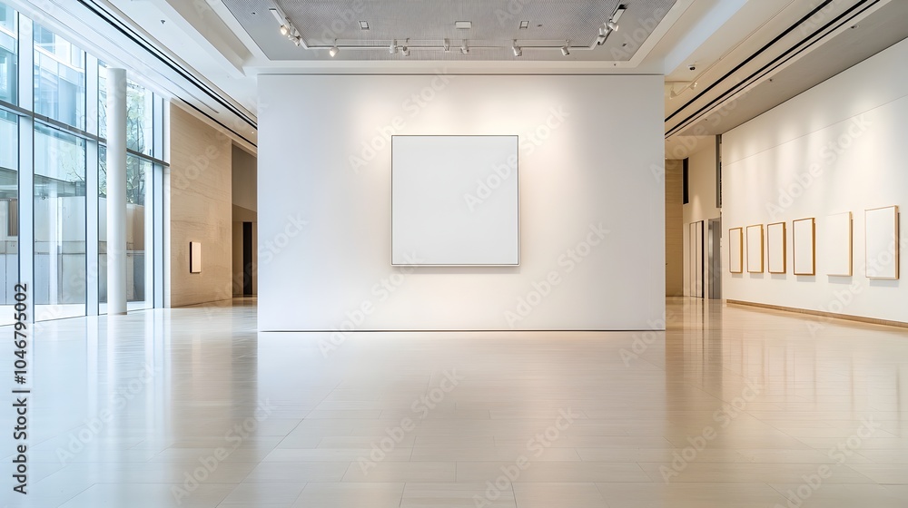 Poster Serene and sophisticated art gallery inspired room with a centrally positioned blank canvas illuminated by soft