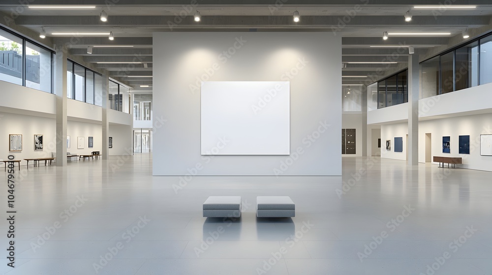 Poster elegant 3d rendered room with a blank canvas highlighted by overhead spotlights showcasing a modern 