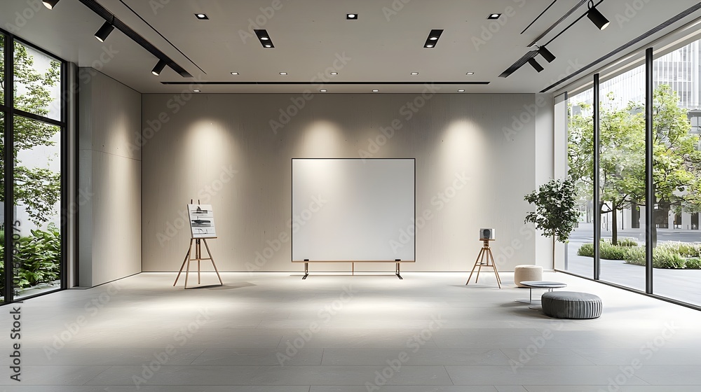 Poster sophisticated and refined contemporary interior featuring a blank canvas displayed under stylish spo