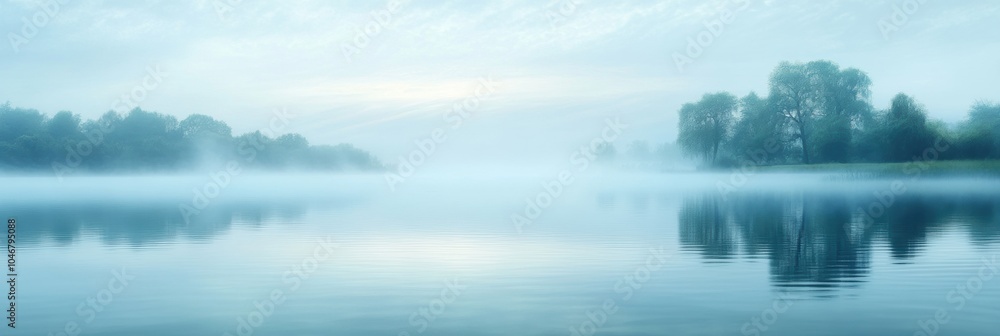 Poster the mist gently rises from the surface of the lake, creating a peaceful atmosphere as trees are mirr