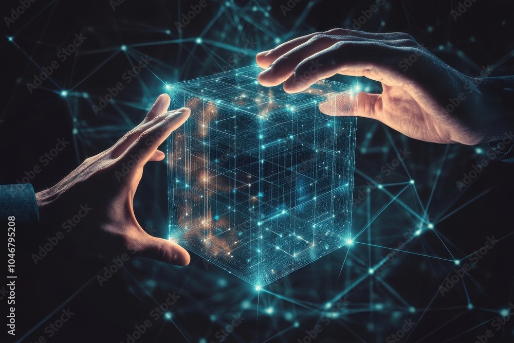 Poster two hands hold a glowing cube with a network of connections, symbolizing digital data and network co