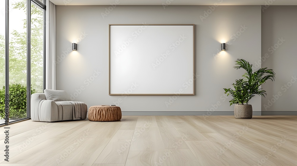 Poster elegant and modern 3d rendered interior featuring a blank canvas on the wall complemented by stylish