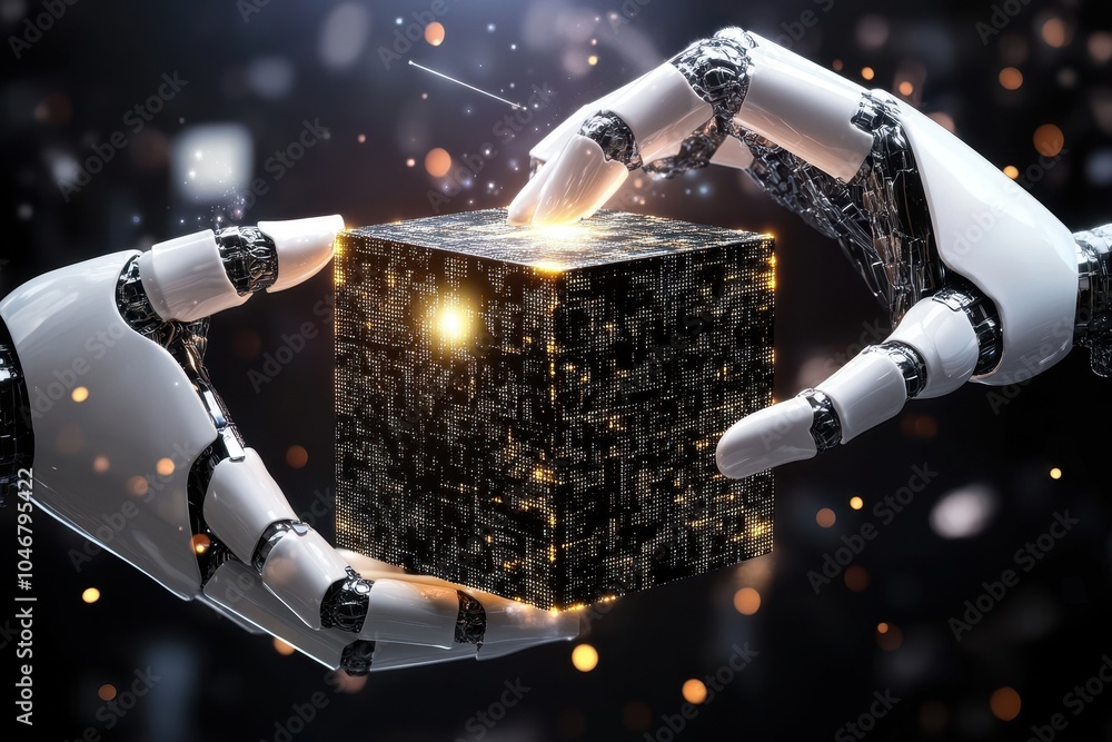 Poster two robotic hands hold a glowing black cube with a circuit board design.