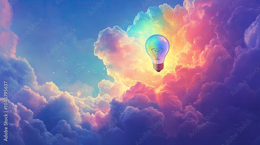 Poster a rainbow-colored cloud in the form of a light bulb floats in the sky, evoking a sense of innovation