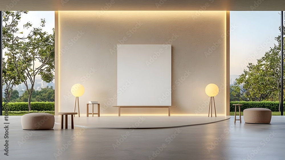 Aufkleber Sophisticated 3D rendering showcasing a minimalist interior design with a blank canvas mockup accentuated by modern spotlighted lamps creating a refined and elegant atmosphere