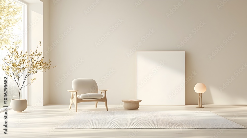 Aufkleber Sophisticated minimalist interior design with a blank canvas mockup spotlighted by modern lamps creating a refined and elegant 3D rendering for product display or photography