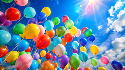 Colorful Helium Balloons Floating Against a Bright Blue Sky, Soft Natural Light, Cheerful and Festive Atmosphere