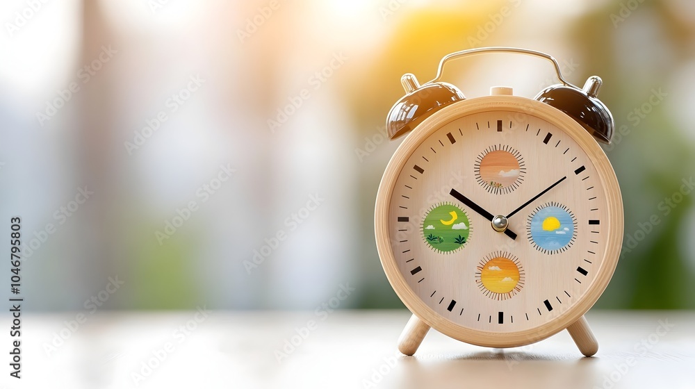 Poster wooden alarm clock with four seasons represented on its dial glowing in a warm soft bokeh lighting s