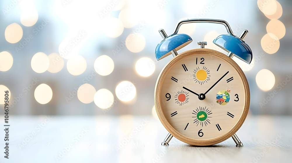 Aufkleber Closeup of a wooden alarm clock with four seasons represented on its dial glowing in a warm soft bokeh lighting symbolizing the harmony between time and clean renewable energy
