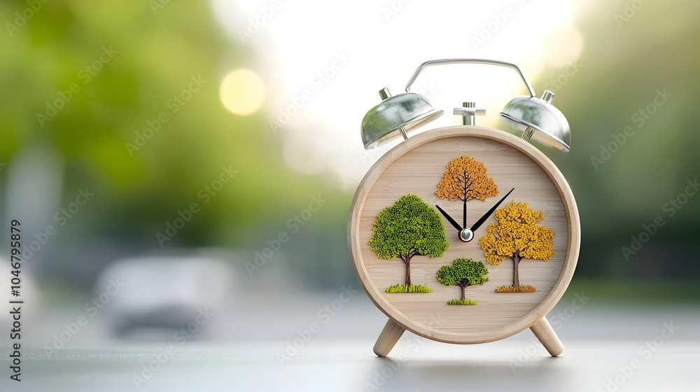 Aufkleber enchanting fantasy inspired wooden alarm clock showcasing the four seasons in a soft bokeh filled gl