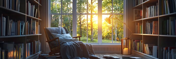 A cozy and inviting reading nook with built in bookshelves a comfortable chair and soft ambient lighting creating a peaceful and relaxing atmosphere for reading and leisure