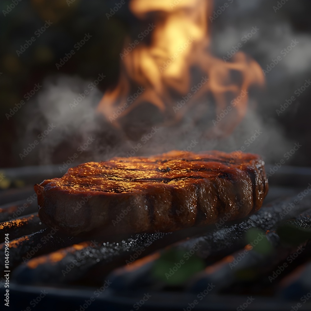 Aufkleber mouthwatering 3d rendering of a sizzling steak on a grill with char marks and smoky aromas capturing
