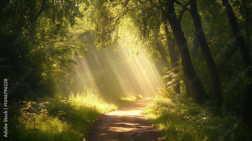 Poster forest path with sunlight filtering through the trees